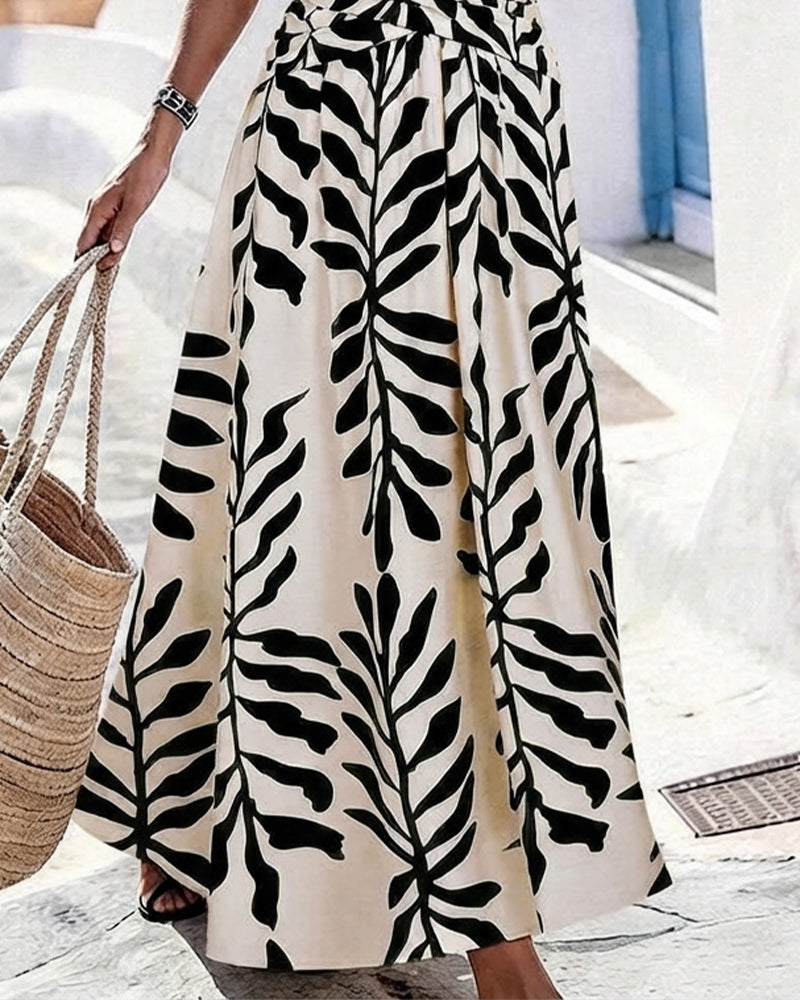 Robe Feuilles Vertes Taille Cintrée Sans Manches