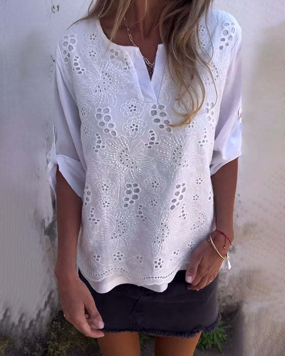 Blouse Unie Patchwork Imprimée Avec Manches Retroussées