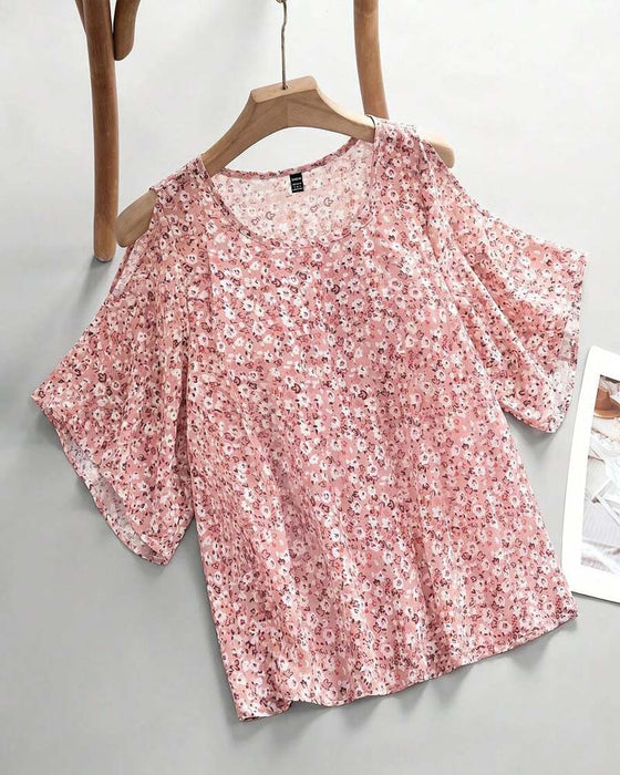 Blouse Col V Florale Off-Shoulder Manche Papillon