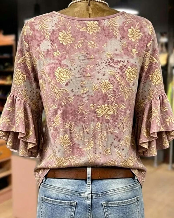 Blouse Imprimé Rétro Ample Volantée