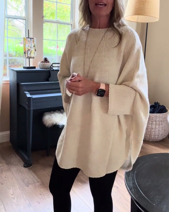 Pull tendance à manches chauve-souris et col rond de couleur unie