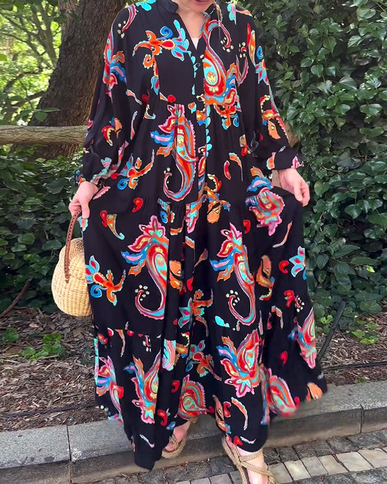 Robe patchwork à manches longues imprimée vintage