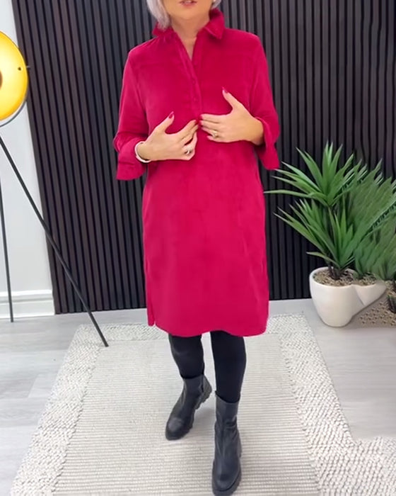 Robe Couleur Unie Manches Longues À Revers