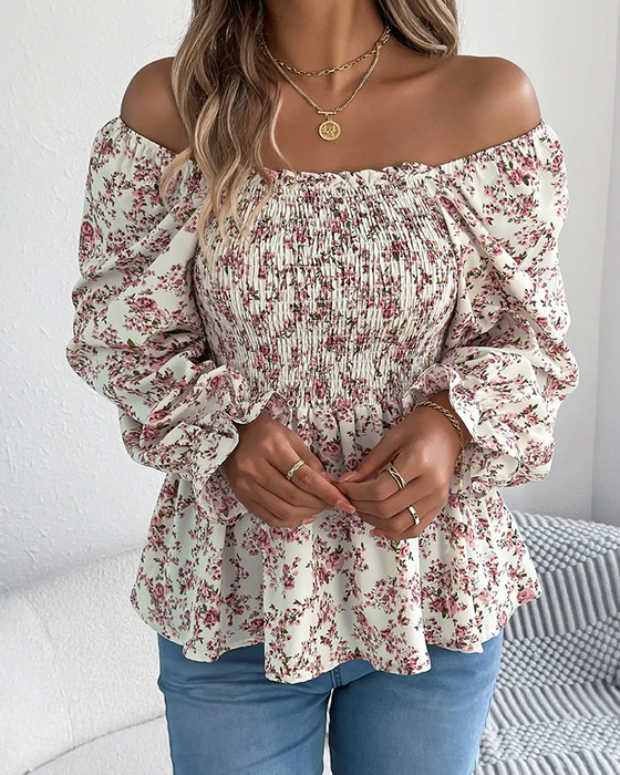 Blouse Col Carré Froncée Fleurie Volant