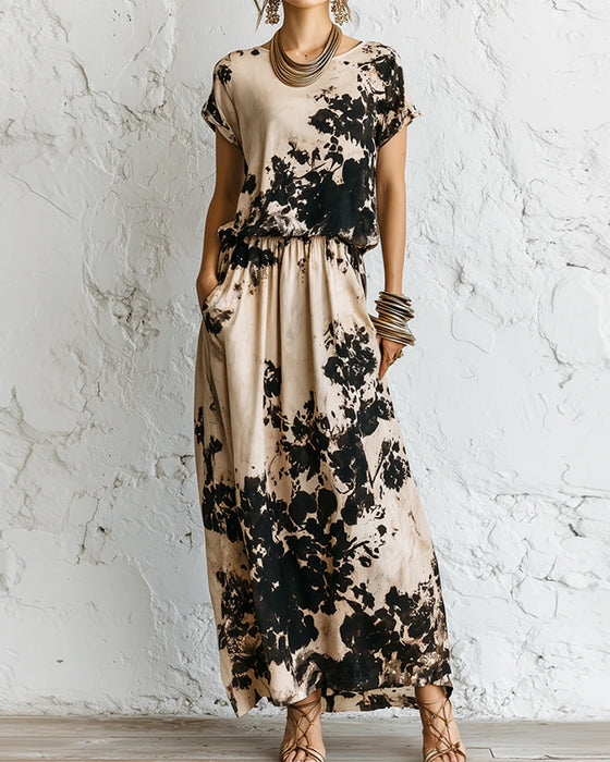 Robe Encre Lavage Imprimé Tricot Maxi