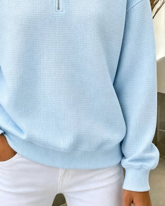 Sweatshirt Demi Fermeture Éclair Gaufré Manches Longues