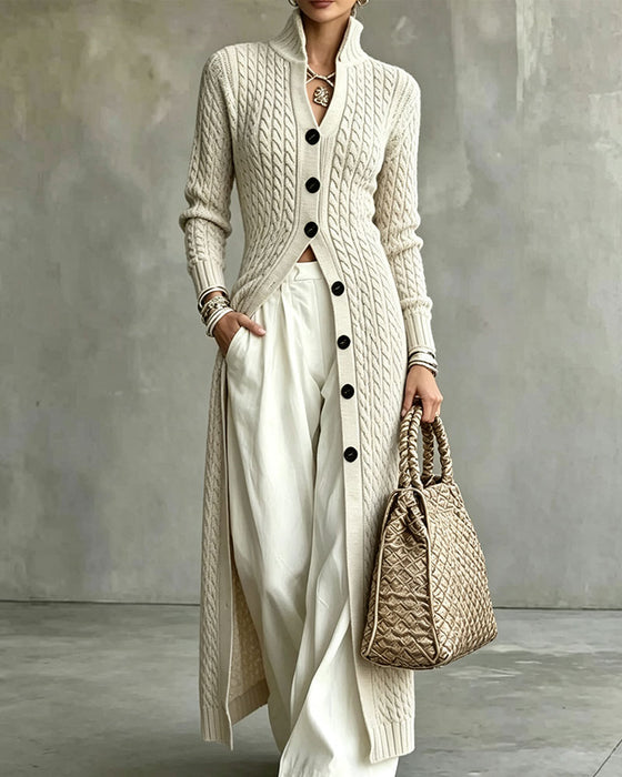 Cardigan Col Montant Tresse Bouton Long