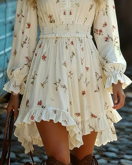 Robe Élégante Manches Longues Fleurie