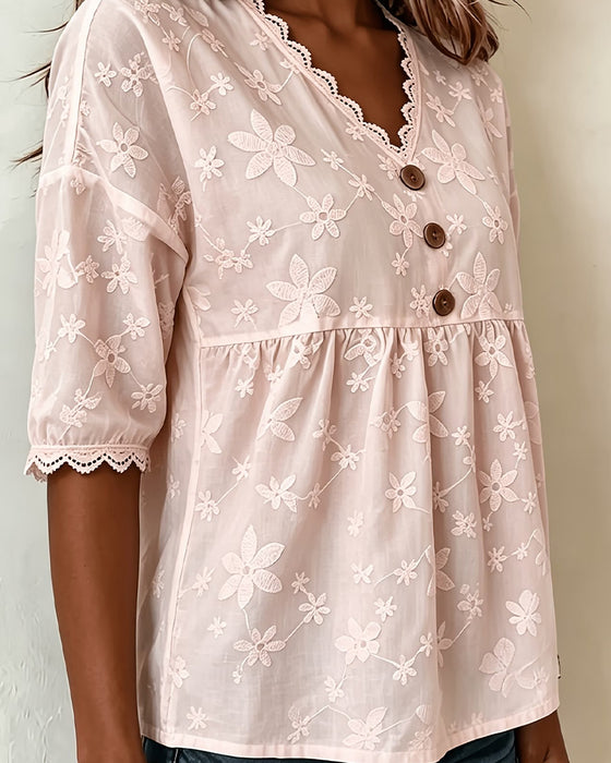 Blouse Fleur Tridimensionnelle Col En V Manches Mi-Longues
