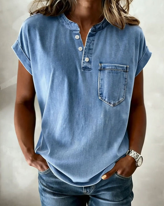 Top Lavé Denim Henley Manche Courte