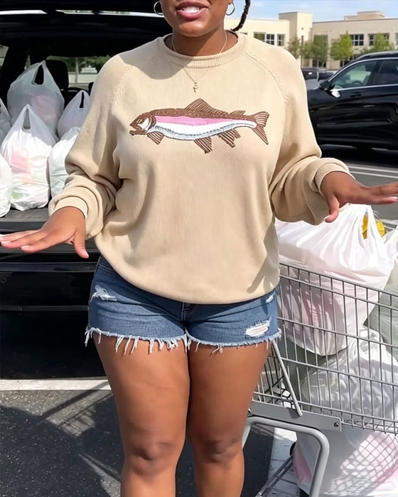 Pullover Col Rond Imprimé Poisson Épaule Tombante