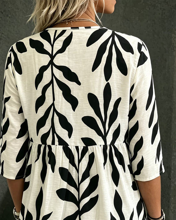 Blouse Col V Lâche Imprimé Manche Courte