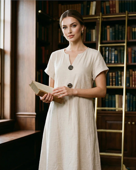 Robe Col V Manches Courtes Boutonnage