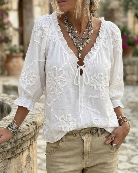 Blouse Col V Enveloppe Cravate Volantée