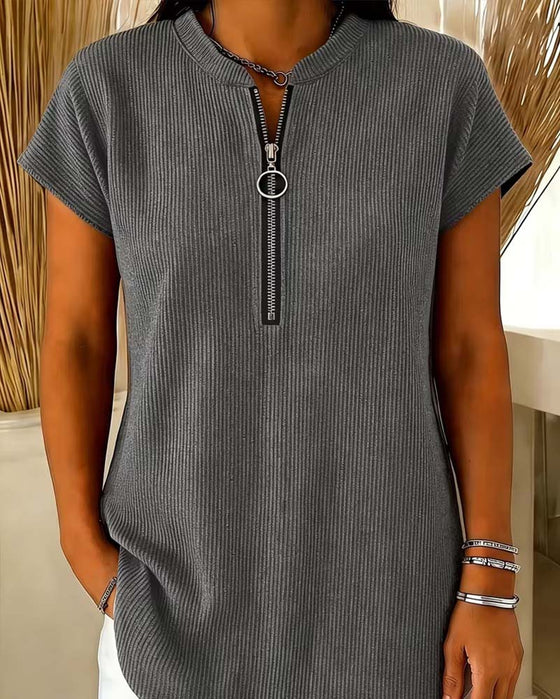 Blouse Unie Manche Courte Fermeture Éclair