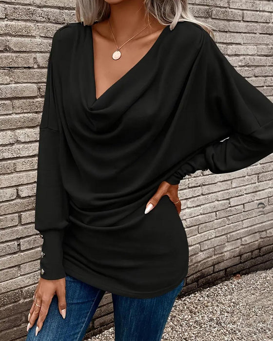 T-Shirt Col Mock Uni Bouton Manche Longue
