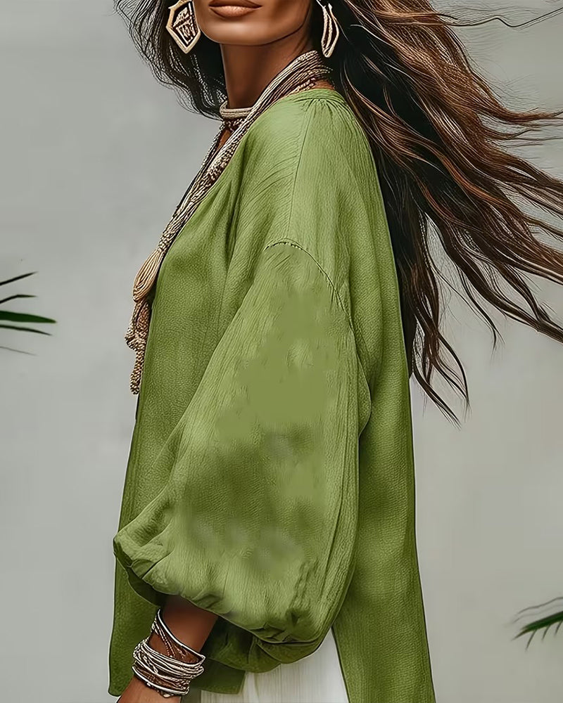 Blouse Décontractée Manche Lanterne Unie Coupe Loose
