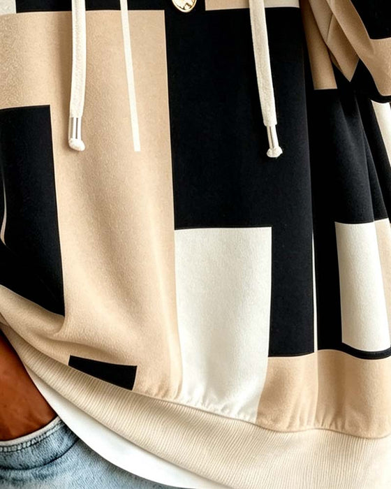 Sweatshirt Imprimé Géométrique Bloc De Couleur Cordon De Serrage
