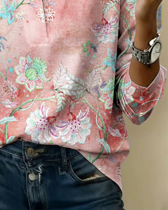 Blouse Col Monté Manches Longues Fleuri
