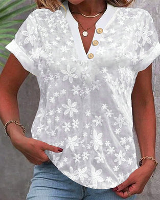 Blouse Simple Décontractée Unie Col En V Manches Courtes