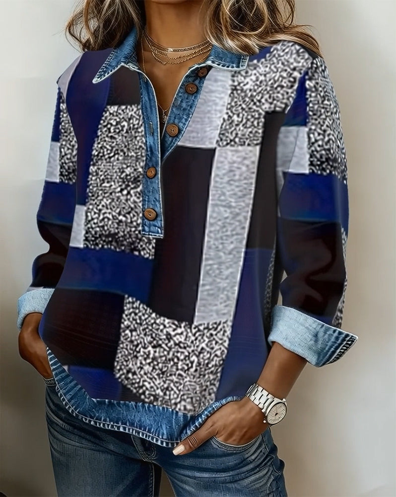 Sweat-Shirt Jean Patchwork Imprimé Décontracté