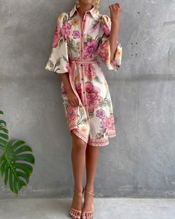 Robe Manche Lanterne Col Cranté Imprimé