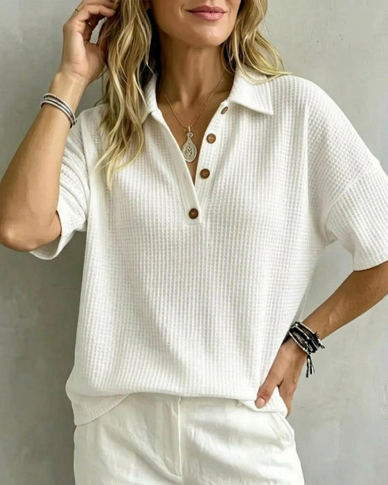 T-Shirt Boutons Devant Col En V Gaufré