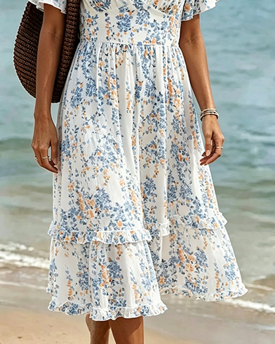 Robe Florale Volant Col V Patchwork