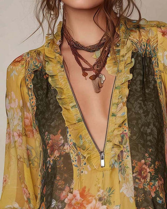 Demi-Zip Imprimé Fleuri Blouse