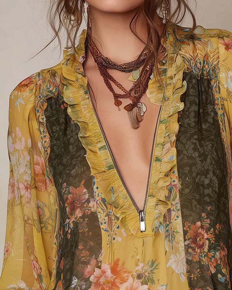 Demi-Zip Imprimé Fleuri Blouse