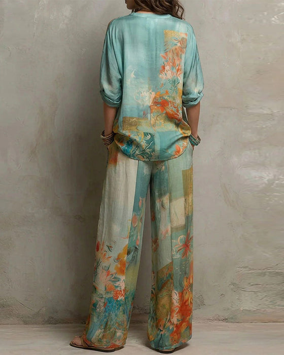 Ensemble Col V Chemisier Fleuri + Pantalon Jambe Droite