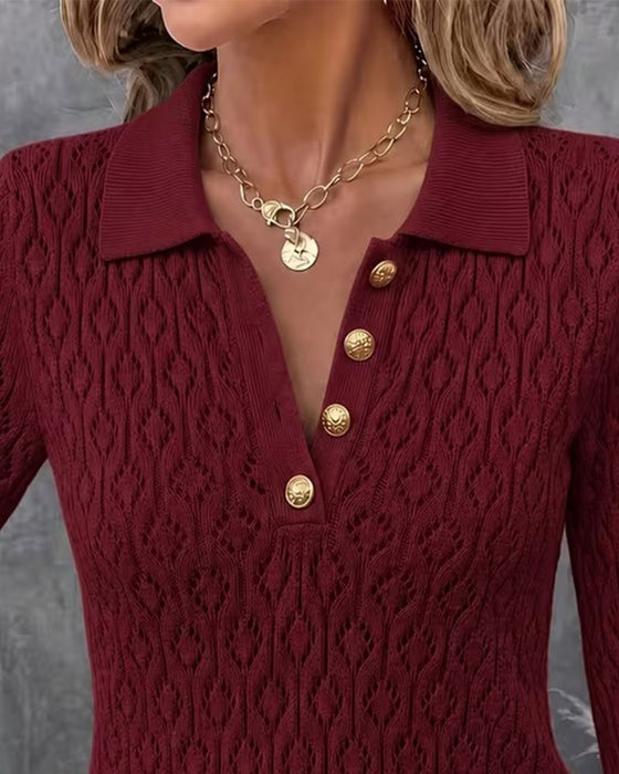Pullover Col Rabattu Bouton Cutout Slim