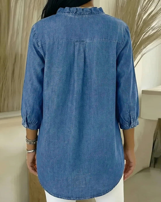 Blouse Ruffle Col-V Denim