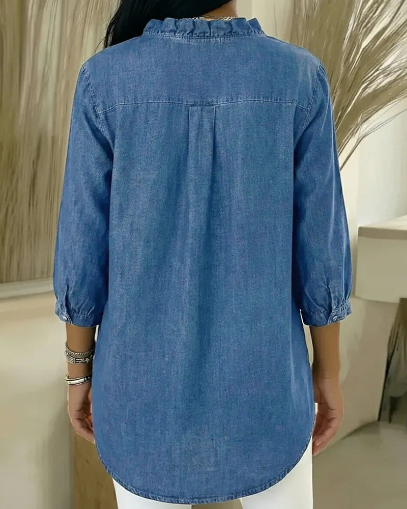 Blouse Ruffle Col-V Denim