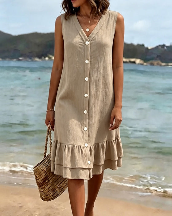 Robe Col En V Sans Manches Double Couche Volant
