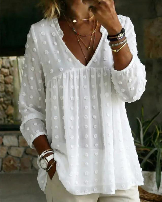 Blouse Col V Manche Longue Plissée
