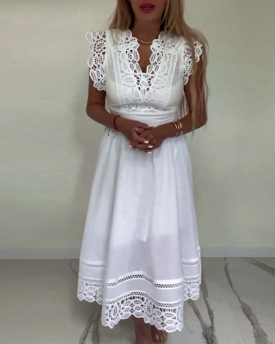 Robe élégante sans manches en dentelle de couleur unie à col en V