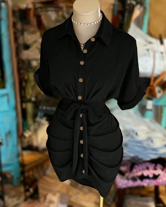 Robe Attacher Bouton Plissé Col Chemise