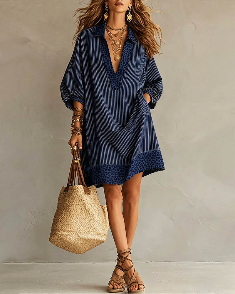 Robe Panneau Imprimé Léopard Manche Bouffante Chemise Rayée