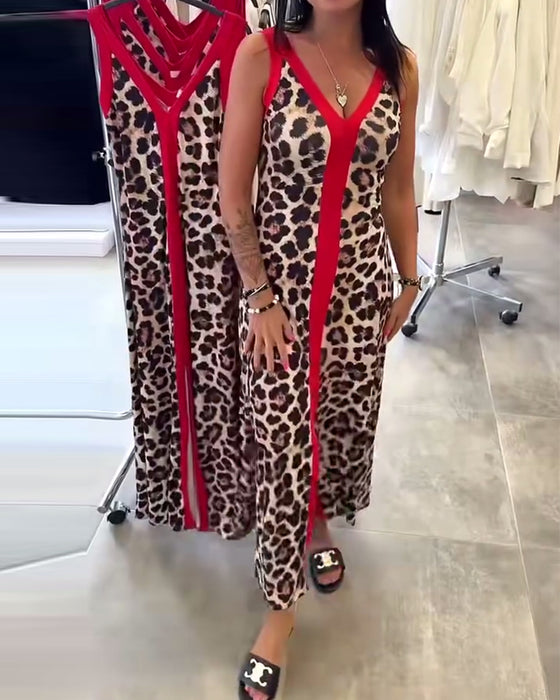 Robe Sans Manches Élégante Imprimé Léopard Contraste