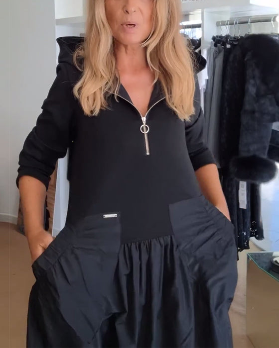 Robe décontractée à capuche avec fermeture éclair et poches patchwork