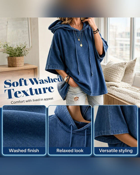 Hoodie À Capuche Cordon De Serrage Manche Coude Denim