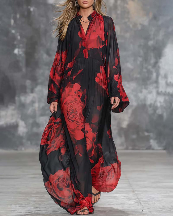 Robe Tempérament Loose Rose Imprimé Longue