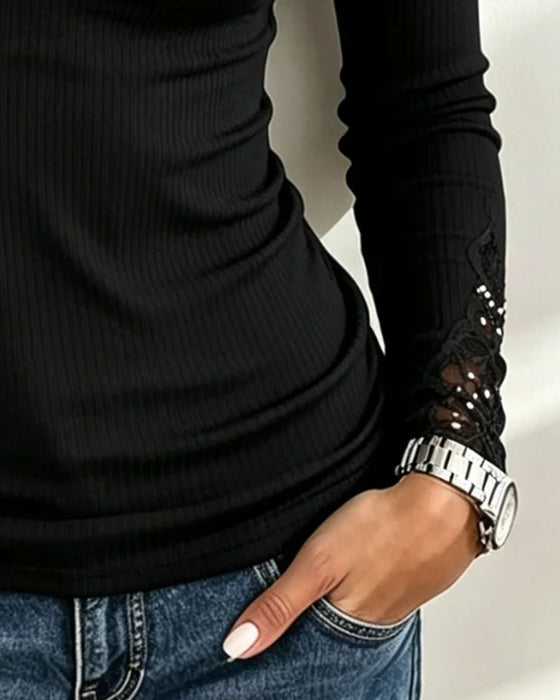 Haut Col Dentelle Patchwork Ajusté Manches Longues