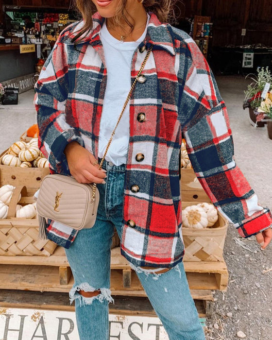 Veste décontractée à revers boutonnés et imprimé écossais