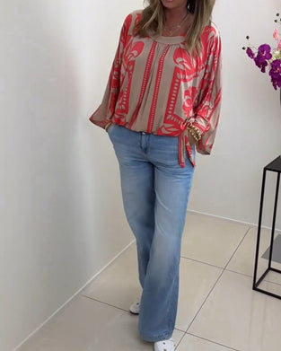 Haut décontracté imprimé à manches longues et col rond