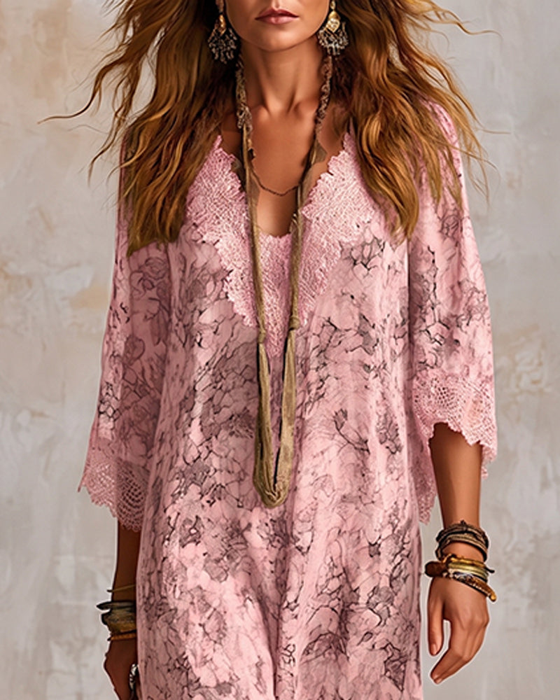 Robe Col En V Dentelle Patchwork Asymétrique