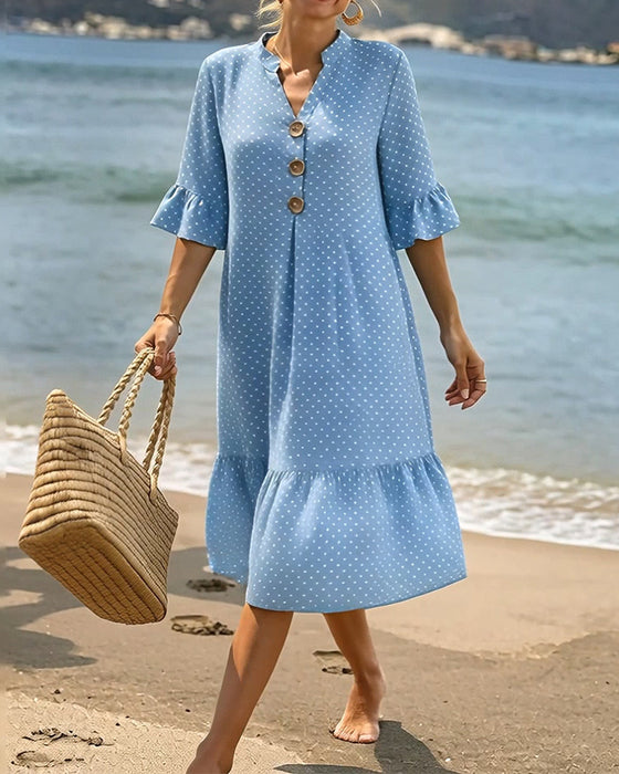 Robe Polka Dot Col V Volanté Manche