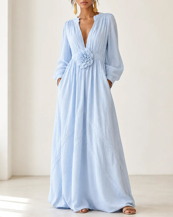 Robe Col En V 3D Fleuri Unie Jupe Ample