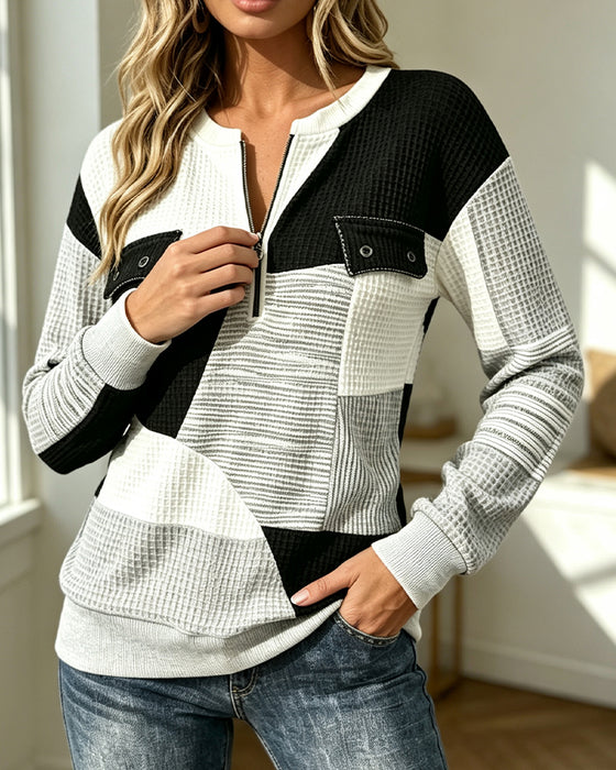 Sweat-Shirt Gaufré Blocs De Couleurs Fermeture Éclair